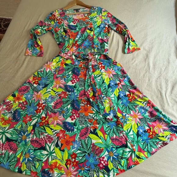 Nina‎ Leonard 3/4 Sleeve Tropical Floral Belted Midi Dress Size S - Picture 2 of 14